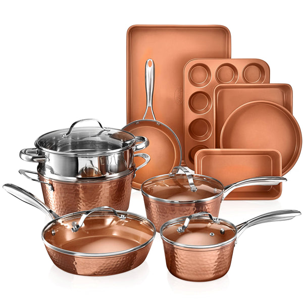 Gotham Steel Hammered 15 Piece Nonstick Cookware and Bakeware Set Copper
