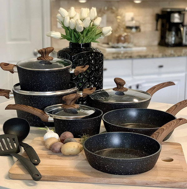 Kitchen Academy Better Living Through Cooking Perfection Kitchen Academy Induction Cookware Sets 12 Piece Cooking Pan Set, Granite Black Nonstick